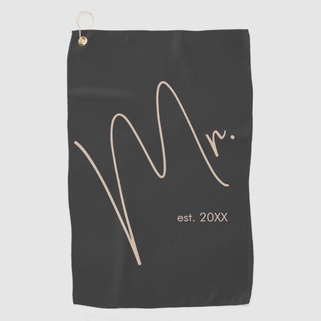 Moderner Raum | Beige + Schwarzes Skript Golfhandtuch (Vorderseite)
