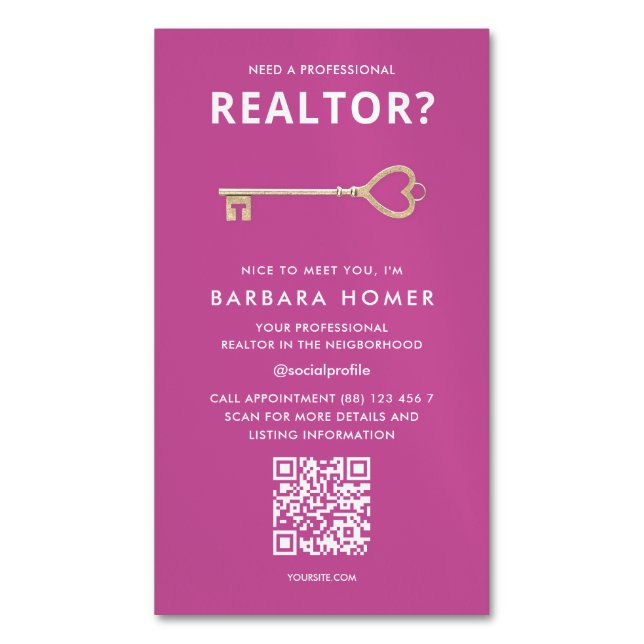 Moderner Realtor Real Anwesen Agent Pink QR Magnetische Visitenkarte (Vorderseite Vertikal)