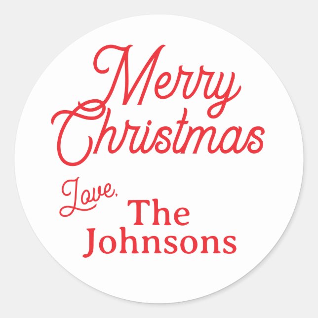 Moderner Red Script Individuelle Name Frohe Weihna Runder Aufkleber (Vorderseite)