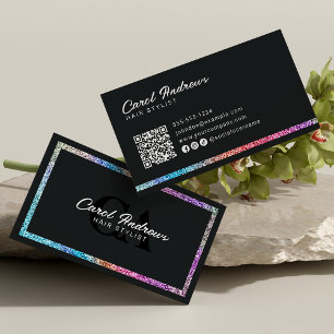 Moderner Regenbogen-Glitter & schwarzer Friseur-QR Visitenkarte