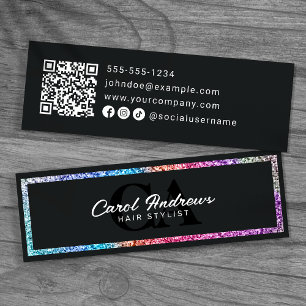 Moderner Regenbogen-Glitter und schwarzer QR-Code Mini Visitenkarte