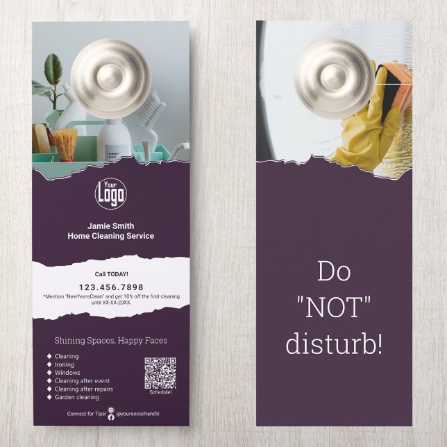 Moderner Reinigungsservice - maßgeschneidert Türanhänger (Modern Cleaning Service Promotional Custom Door Hanger: Logo, QR code, CTA, Terms, Services, Motto)