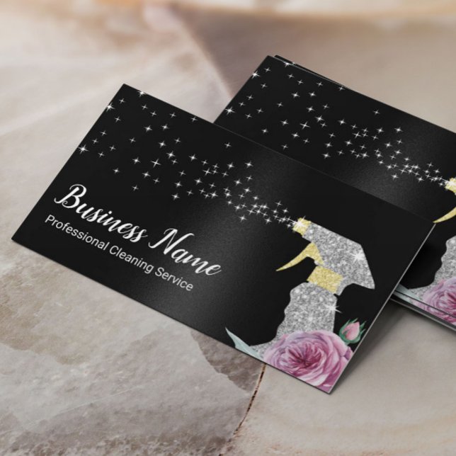 Moderner Reinigungsservice Silver Spray Black Visitenkarte (Von Creator hochgeladen)