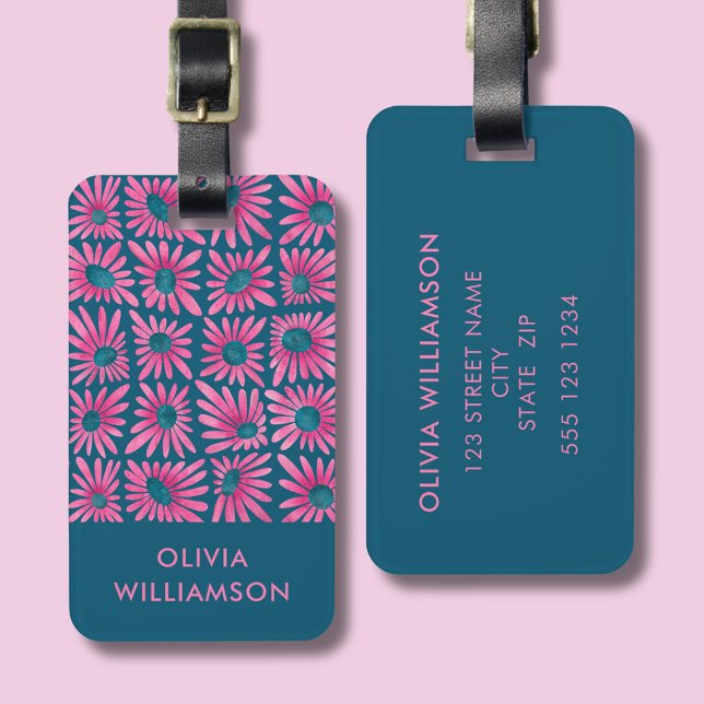Moderner Retro-Blumendruck Gepäckanhänger (Modern Pink retro floral daisy block print luggage tag with customizable details.)