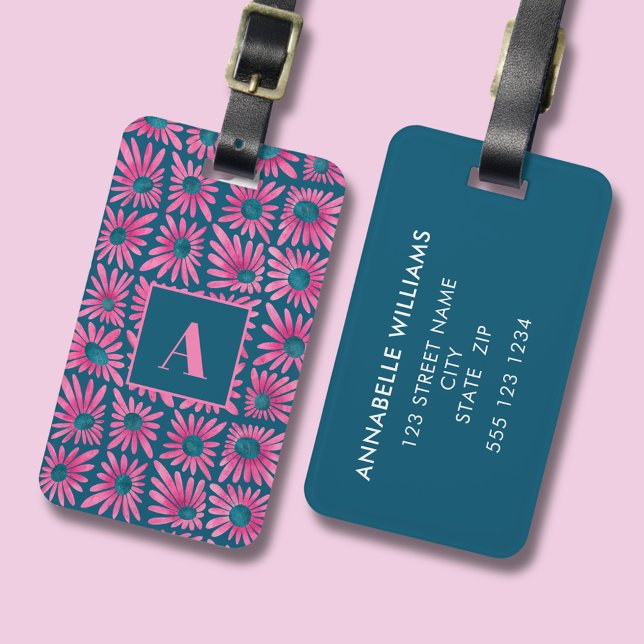 Moderner Retro-Blumendruck Gepäckanhänger (Modern retro floral luggage tag with pink daisy block print pattern. Add own details to the back.)