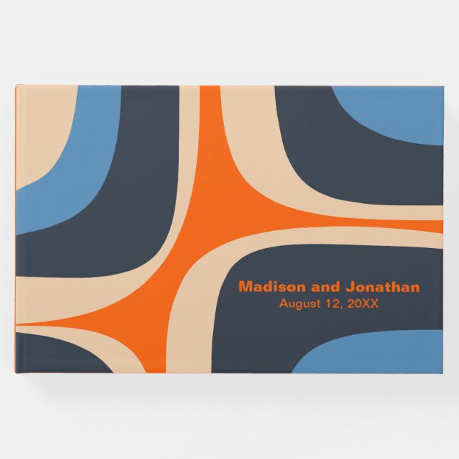 Moderner Retro Groove blau und orange Gästebuch (Vorderseite)