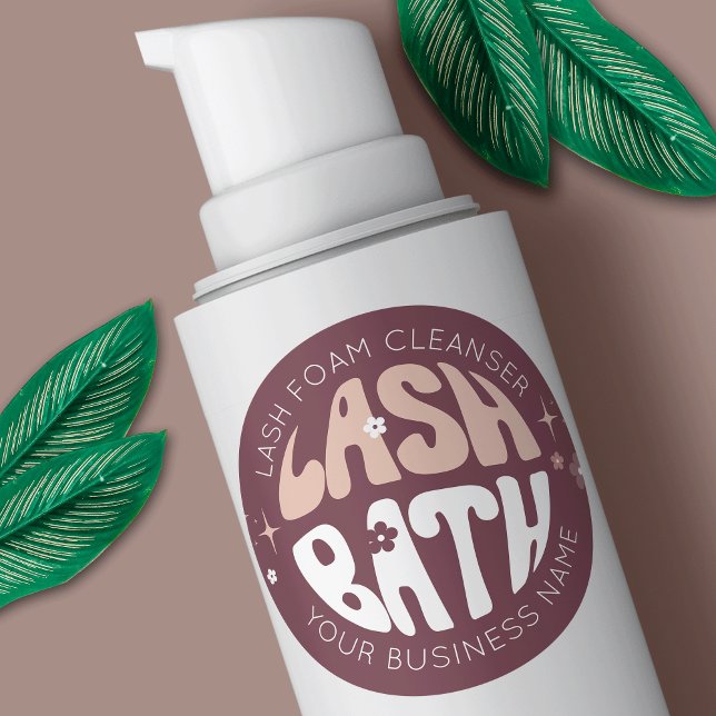 Moderner Retro Groovy Eyelash Cleanser Lash Bath Runder Aufkleber (Lash cleanser packaging stickers featuring retro fonts and a modern groovy design)