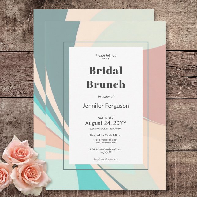 Moderner Retro Groovy Peach Aquamarin Aqua Bridal  Einladung (Modern Retro Groovy Peach Teal Aqua Bridal Brunch Invitation)