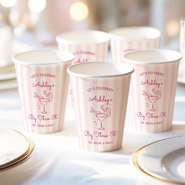 Moderner Retro Hand Drawn Cocktail 30. Geburtstag Pappbecher (Elegant pink stripe hand drawn cocktail glass paper party cup)