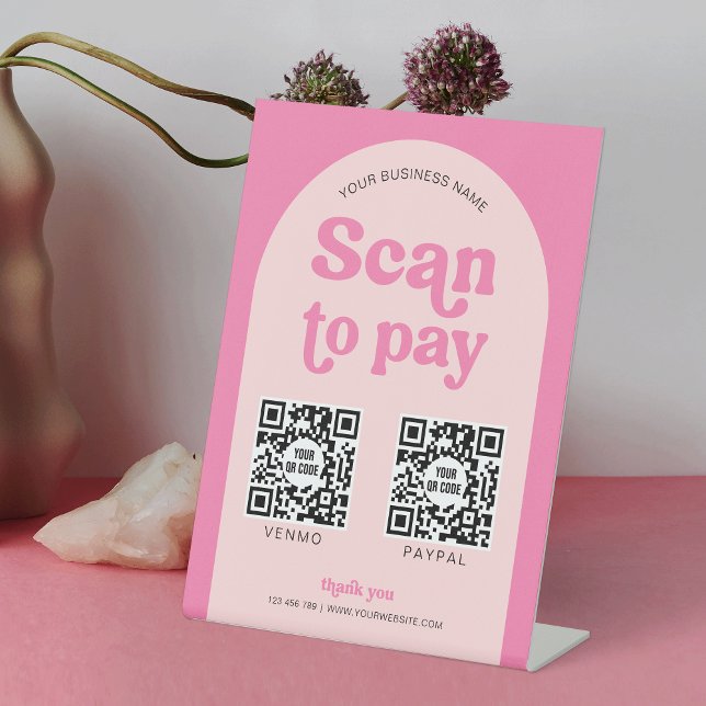 Moderner Retro-Rosa-Scan zur Bezahlung von 2 QR-Co Sockelschild (Feminine Business Scan to Pay pedestal sign with space for 2 QR codes in a retro pink design)