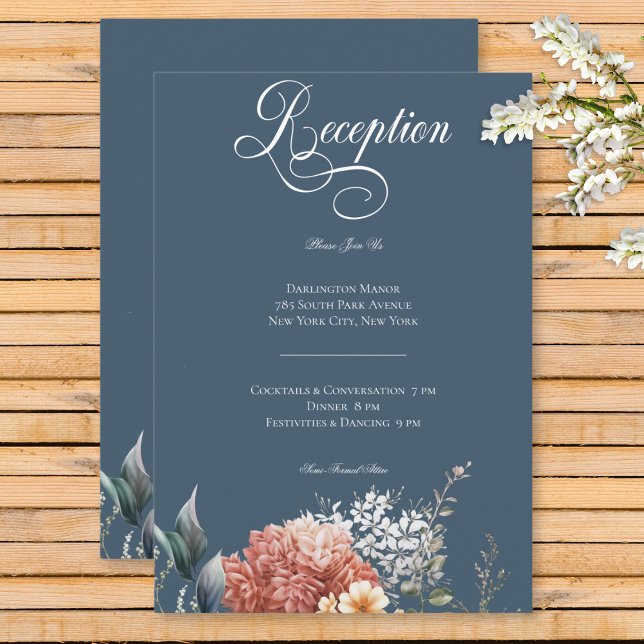 Moderner Romantischer Blauer Garten Empfang Begleitkarte (Modern Romantic Blue Garden Floral Wedding Reception Enclosure Card)