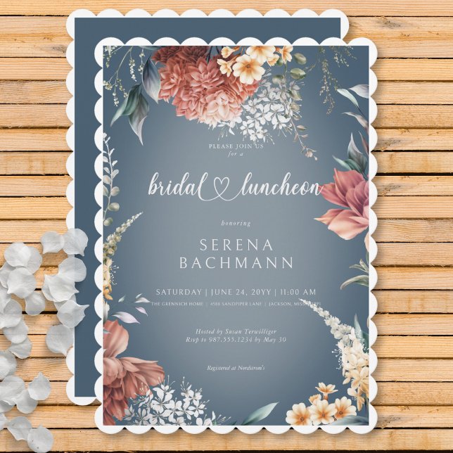 Moderner Romantischer Garten Blumen Einladung (Modern Romantic Garden Floral Blue Bridal Luncheon Invitation)