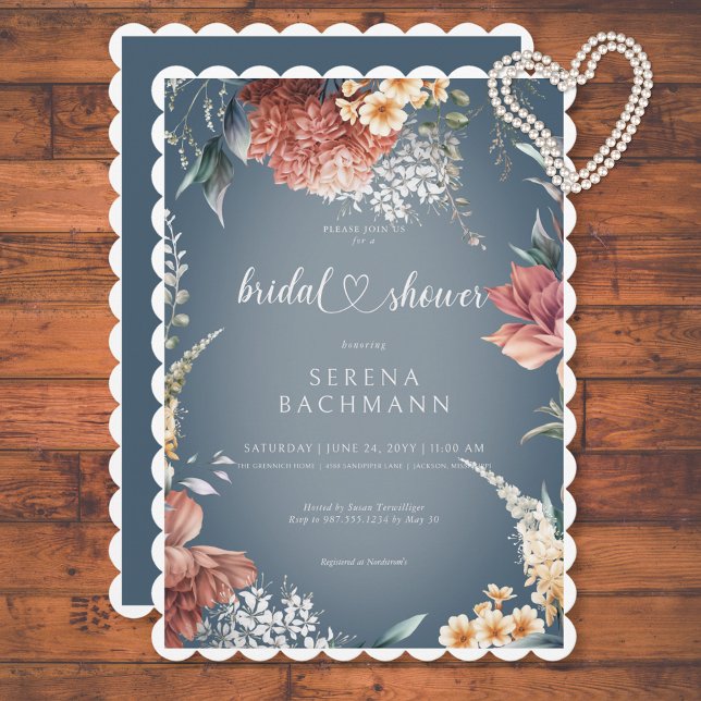 Moderner Romantischer Garten Blumenblauer Brautpar Einladung (Modern Romantic Garden Floral Blue Bridal Shower Invitation)