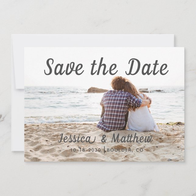 Moderner romantischer Strand 3 Foto von Couple Save The Date (Vorderseite)