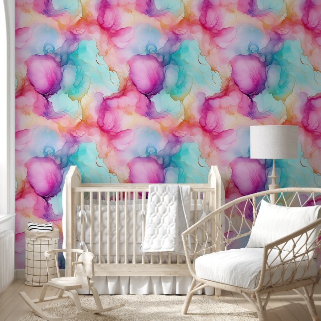 Moderner rosa blauer Pastell Alkohol Tinte Abstrak Tapete (Kinder)