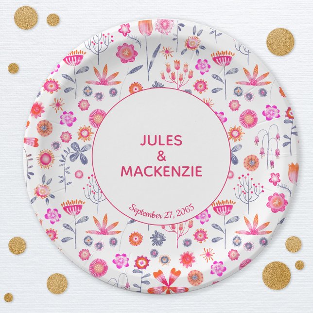 Moderner Rosa Blumengarten Boho Pappteller (Modern floral pink wedding party paper plates)