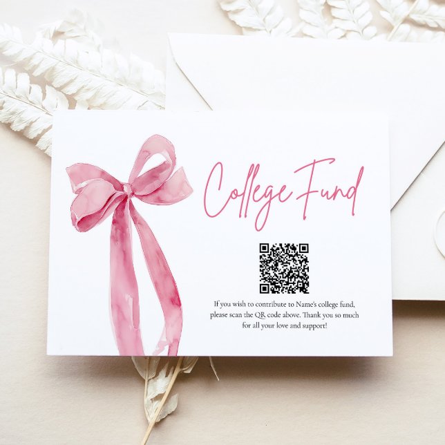 Moderner Rosa Bow QR Uni Fund Abschluss Begleitkarte (Modern Pink Bow QR Code College Fund Graduation Card)