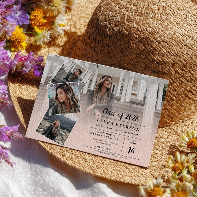 Moderner, rosa Foto-Abschluss Einladung (Modern blush pink minimalist photo graduation invitation)