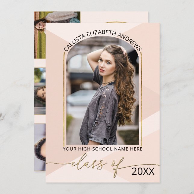 Moderner rosa geometrischer Foto Abschluss Ankündigung (Vorne/Hinten)