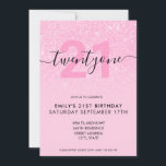 Moderner Rosa Glitzer 21. Geburtstag Einladung<br><div class="desc">Modern mädchin pink 21. Geburtstag Einladung. Minimalistisches 21. Geburtstagsgeschmacksmuster mit elegantem Kalligraphie-Schriftart und rosa Glitzer-Design.</div>
