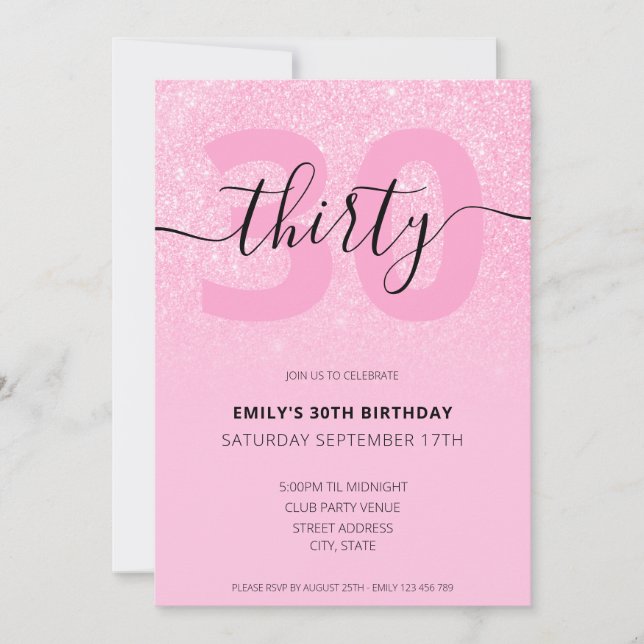 Moderner Rosa Glitzer 30. Geburtstag Einladung (Vorderseite)