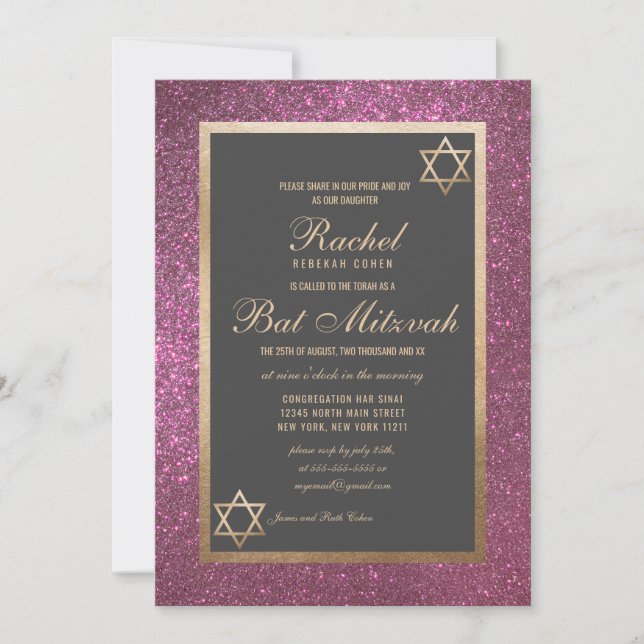 Moderner rosa Glitzer dick Border Bat Mitzvah Einladung (Vorderseite)