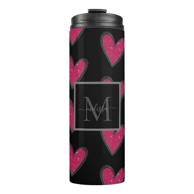 Moderner rosa Glitzer Herz-Monogramm-Name Thermosbecher (Vorderseite)