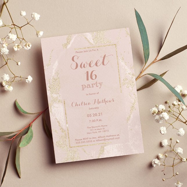 Moderner Rosa Glitzer Marmor Süß 16 Einladung (Modern blush pink gold glitter marble Sweet 16 Invitation)