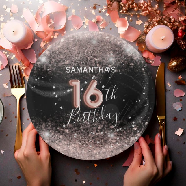 Moderner Rosa Glitzer & Schwarz 16. Geburtstag Pappteller (Von Creator hochgeladen)