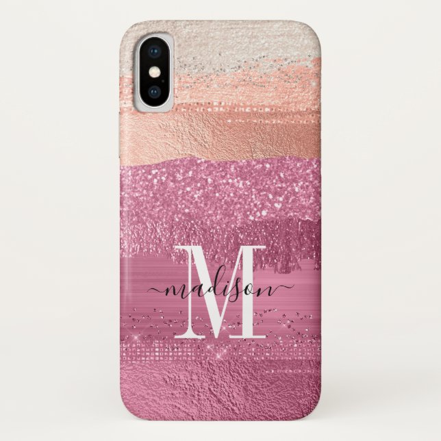 Moderner rosa Glitzer Sparkle Monogram Script Brus Case-Mate iPhone Hülle (Rückseite)