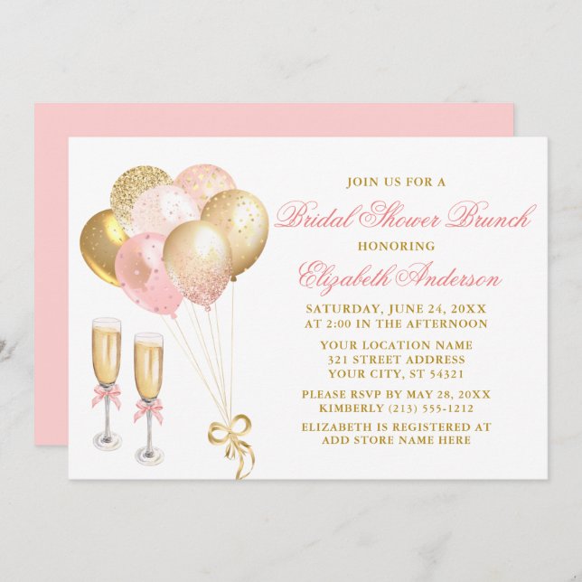 Moderner Rosa Goldballons Brautparty Brunch Einladung (Vorne/Hinten)