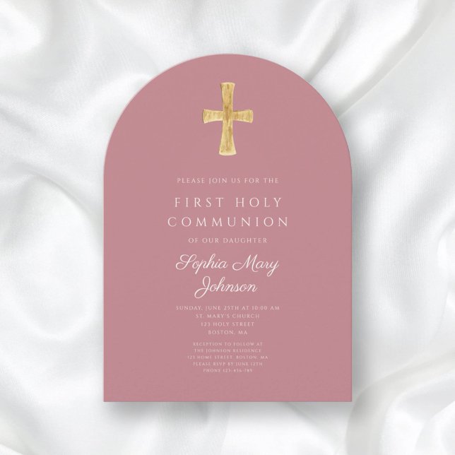Moderner Rosa-Kreuz-Girl Erster Kommunionenbogen Einladung (Modern Pink Cross Girl First Communion Arch Invitation)
