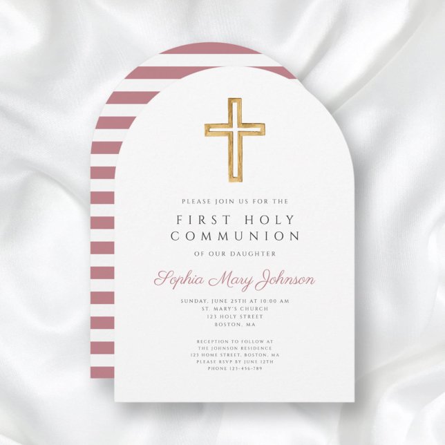 Moderner Rosa-Kreuz-Girl Erster Kommunionenbogen Einladung (Modern Pink Cross Girl First Communion Arch Invitation)
