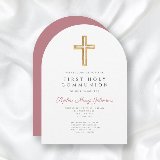 Moderner Rosa-Kreuz-Girl Erster Kommunionenbogen Einladung (Modern Pink Cross Girl First Communion Arch Invitation)