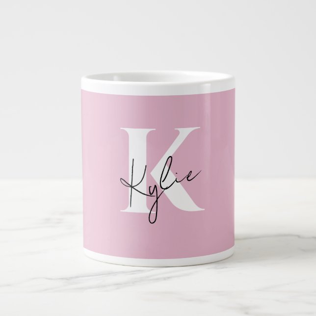 Moderner rosa Personalisierter Monogramm-Name: Jumbo-Tasse (Vorderseite)