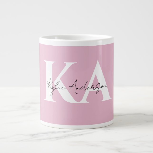 Moderner rosa Personalisierter Monogramm-Name: Jumbo-Tasse (Vorderseite)