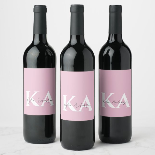 Moderner rosa Personalisierter Monogramm-Name: Weinetikett (Flaschen)