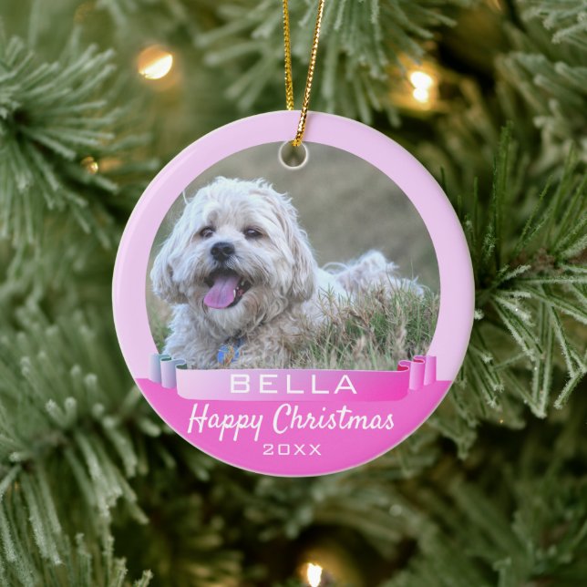 Moderner rosa Ribbon Hund oder Haustier Foto Weihn Keramik Ornament (Baum)