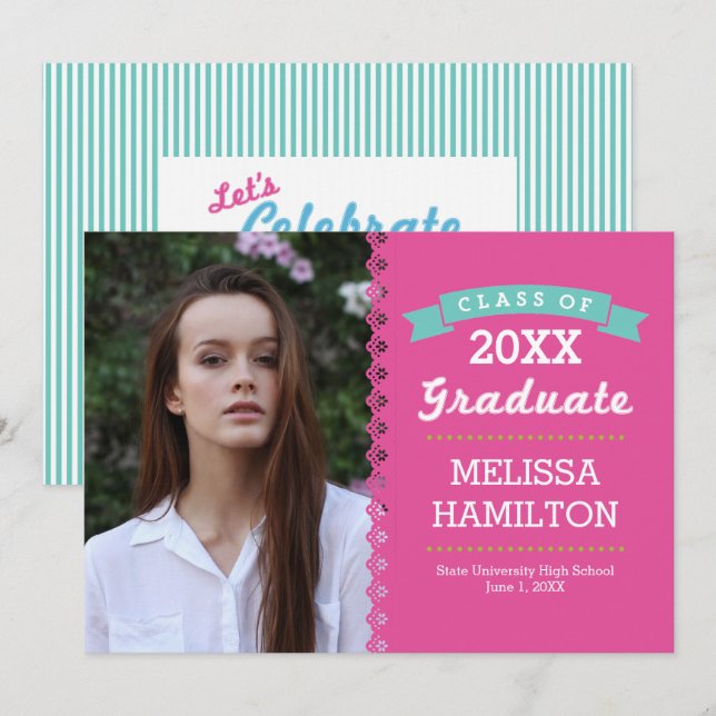Moderner Rosa- und Minzstreifen Foto Abschluss Einladung (Vorne/Hinten)