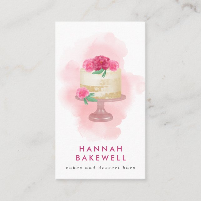 Moderner rosa Wasserfarbenkuchen und Blume Visitenkarte (Vorderseite)