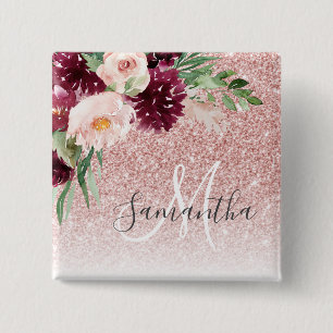 Moderner rosafarbener Glitzer und Blume mit Namen Button