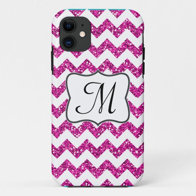 Moderner rosafarbener Glitzer Zickzack Monogram IP Case-Mate iPhone Hülle (Rückseite)