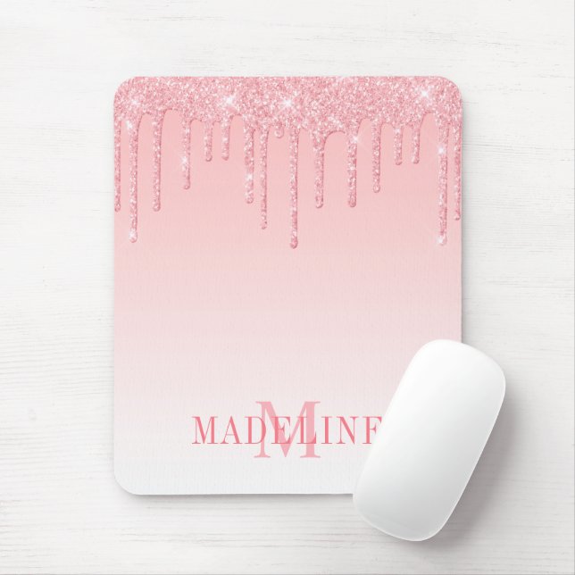 Moderner, rosafarbener Monogramm-Glitzer Mousepad (Mit Mouse)