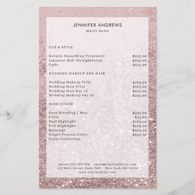 Moderner Rosegold Glitzer Salon Preisliste Flyer (Vorne)