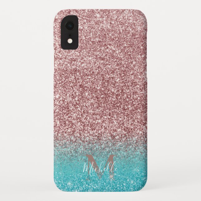 Moderner Rosen-GoldGlitzer u. aquamarines Ombre Case-Mate iPhone Hülle (Rückseite)