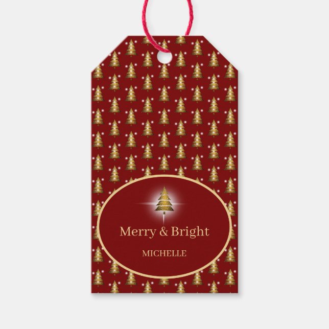 Moderner roter Weihnachtsbaum mit goldenem Glitter Geschenkanhänger (Vorderseite)