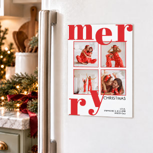 Moderner roter Weihnachtsmagnet mit 4 Fotos und fe Magnetkarte