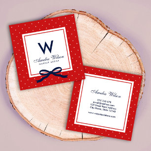 Moderner roter weißer Tupfen-rotes Band-Monogramm Quadratische Visitenkarte