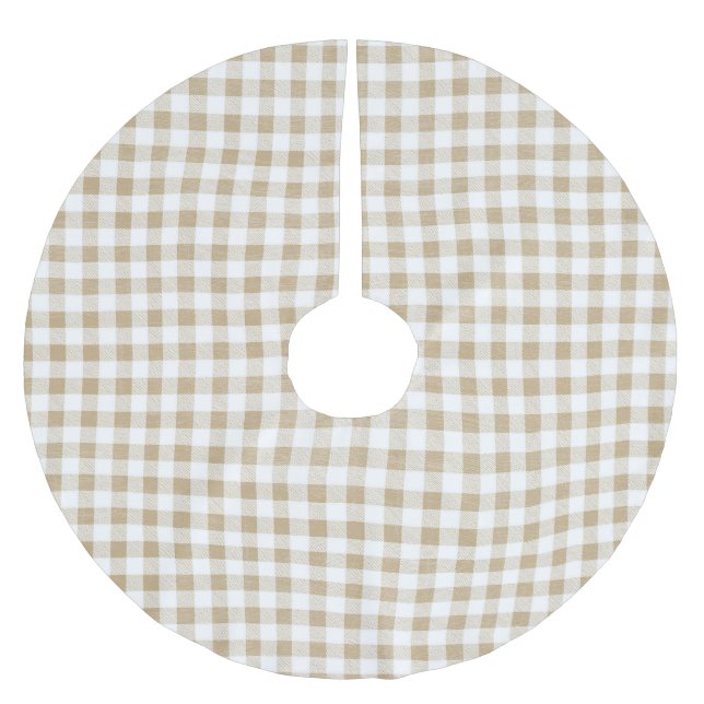 Moderner Rustikaler Beige Weißer Gingham Karo Polyester Weihnachtsbaumdecke (Vorderseite)