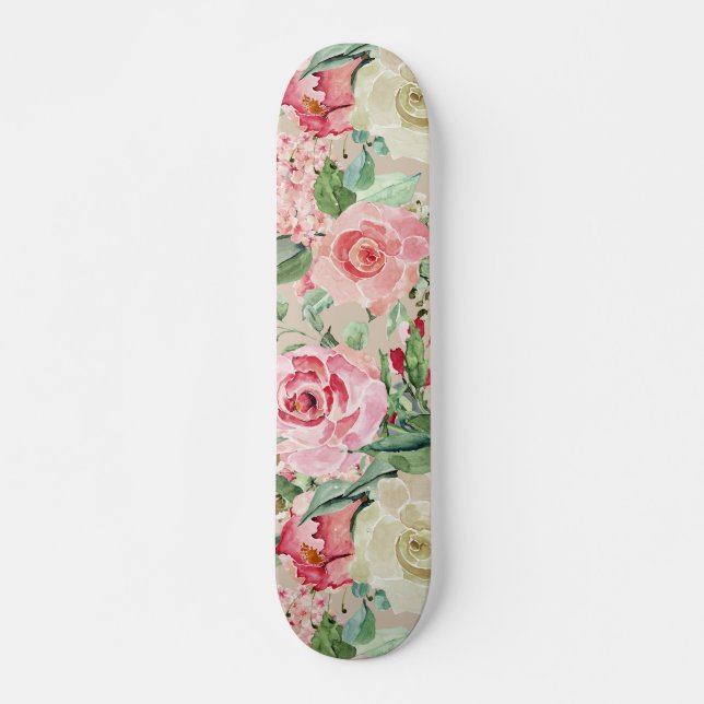 Moderner rustikaler Creme-Rosen-Rosa Watercolor Skateboard (Vorne)